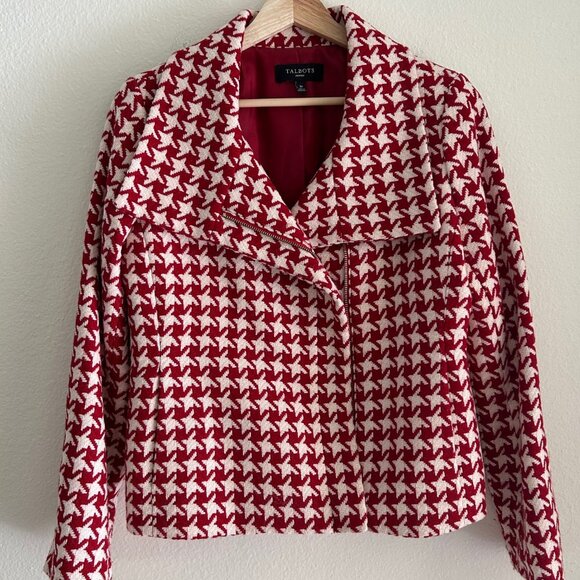 Talbot Herringbone Houndstooth Suite Moto Jacket Mini Skirt Red White Mixed Size - Picture 2 of 12